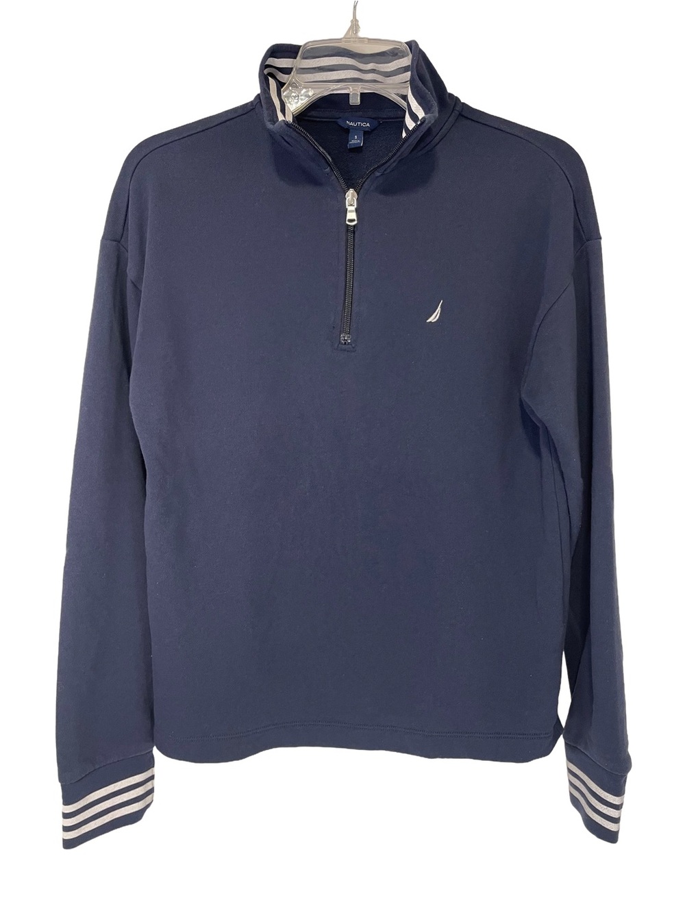Nautica Navy Half-Zip Pullover with Striped Collar & Cuffs - Women’s Size Small